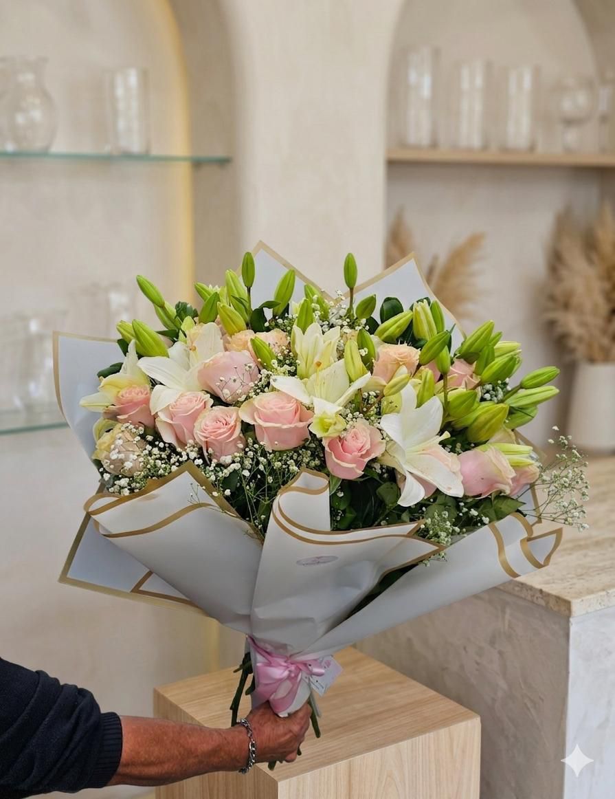 Ramo de 24 Rosas Rosadas Importadas y Liliums Blancos